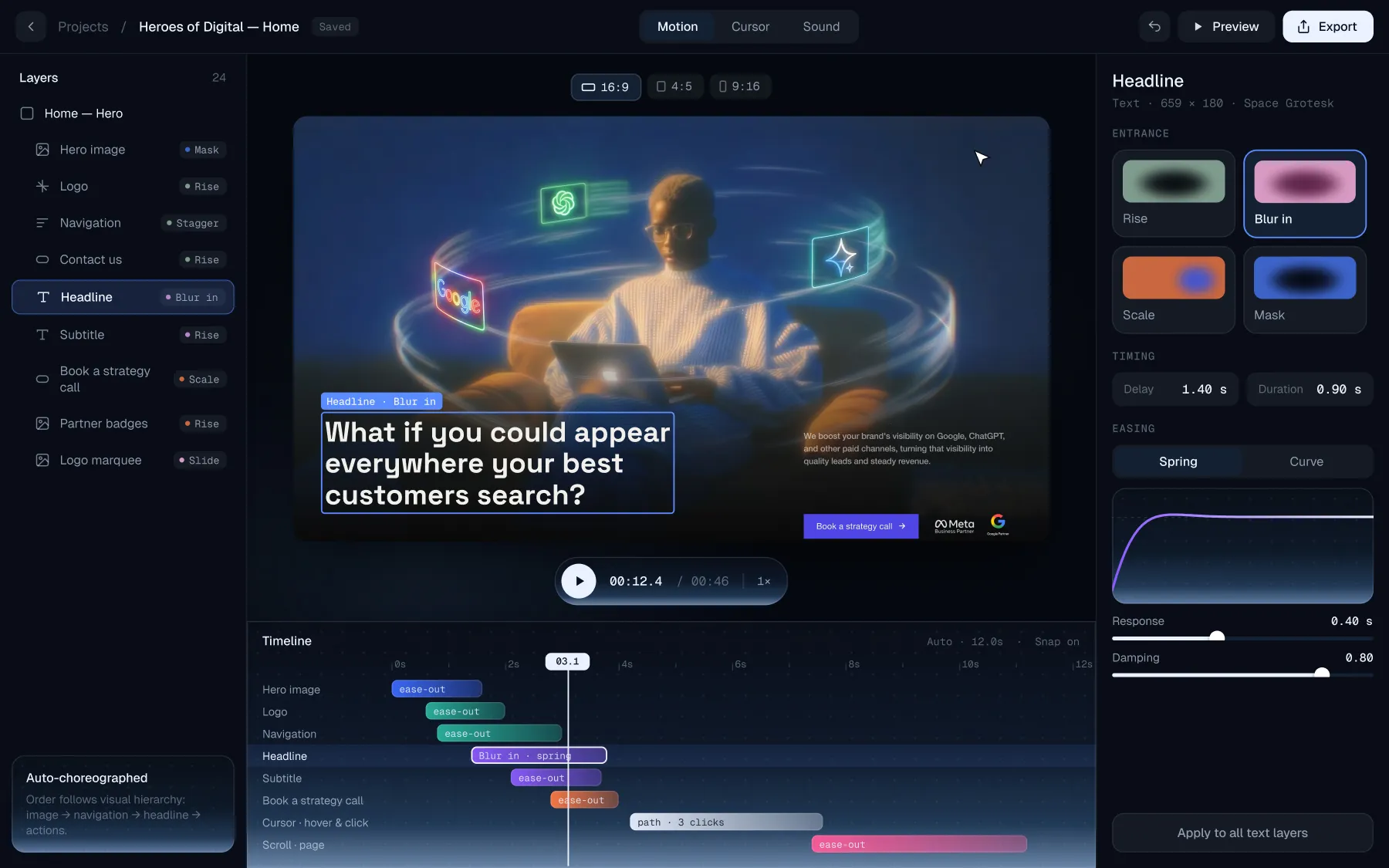 Casecut editor: a Figma frame turned into a motion case video with a timeline