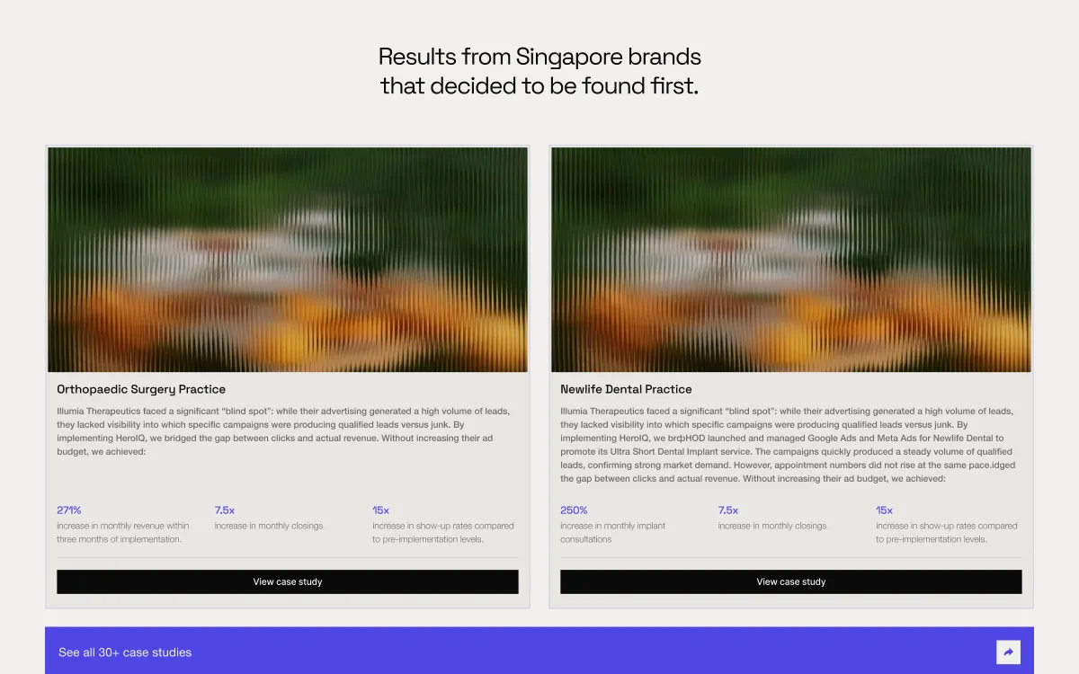 Heroes of Digital: Client result cards on a cream background